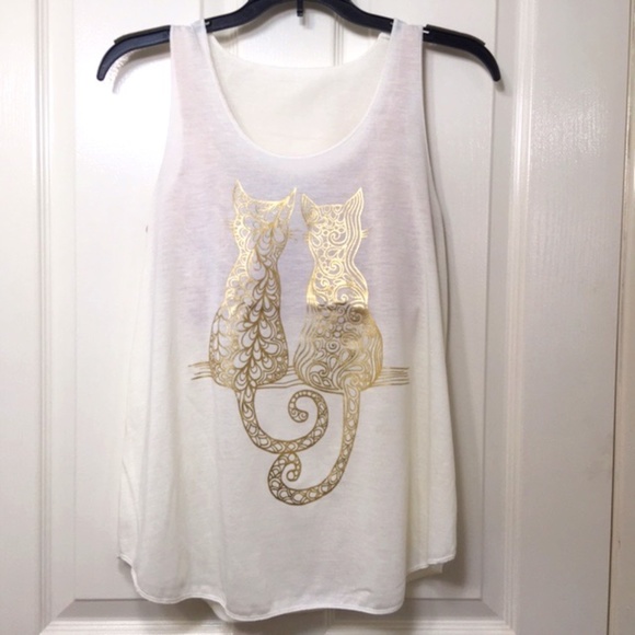 NWOT, Women Sleeveless Tank Top,100% Polyester, Ivory "2 kitties" silkscreen - Picture 1 of 6